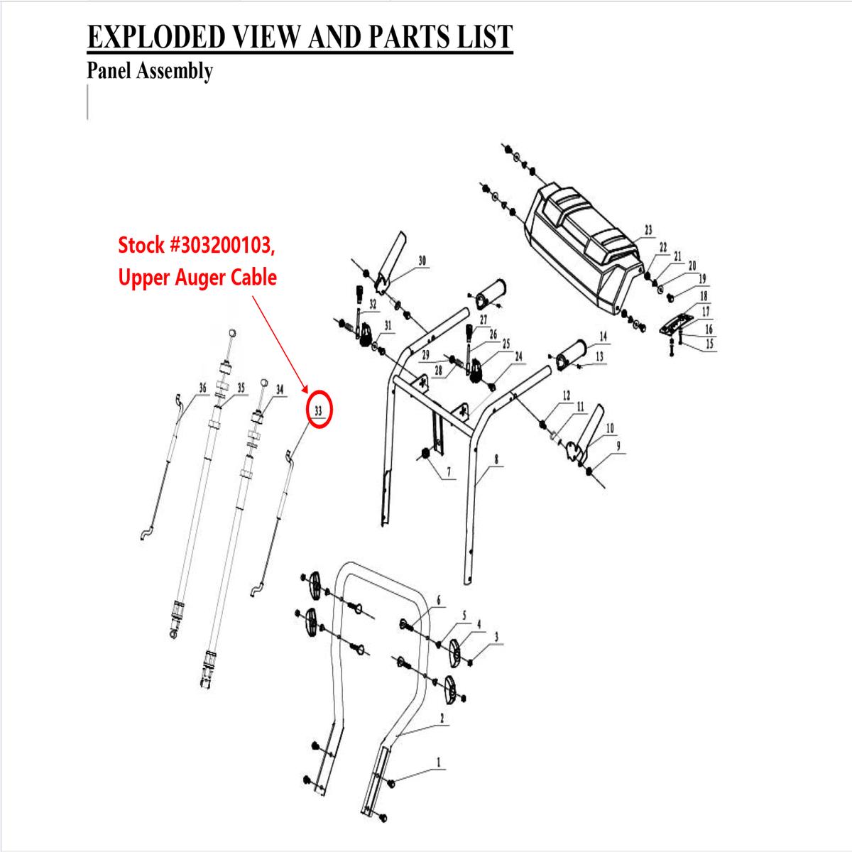 Snow Blower Parts - Upper Auger Cable Stock 303200103