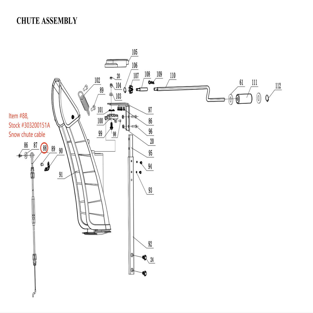 Snow Blower Parts - Chute Deflector Cable (DB7109B) Stock 303200151A