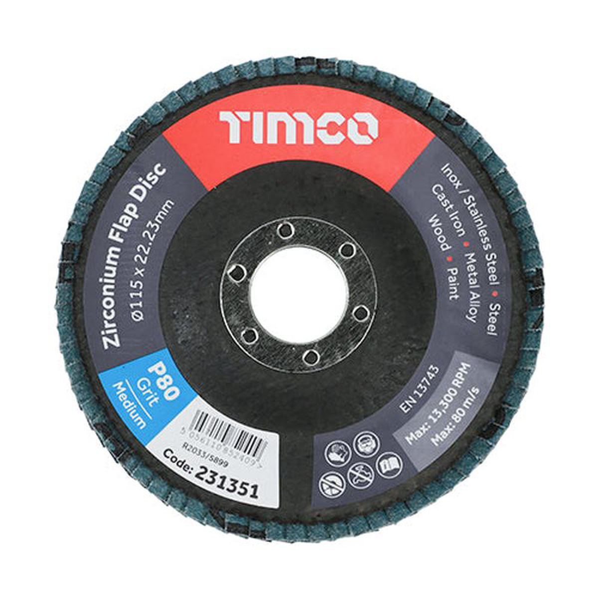 TIMCO Set of Flap Discs Zirconium Type 29 Conical P80 Grit 8211 115 x 2223