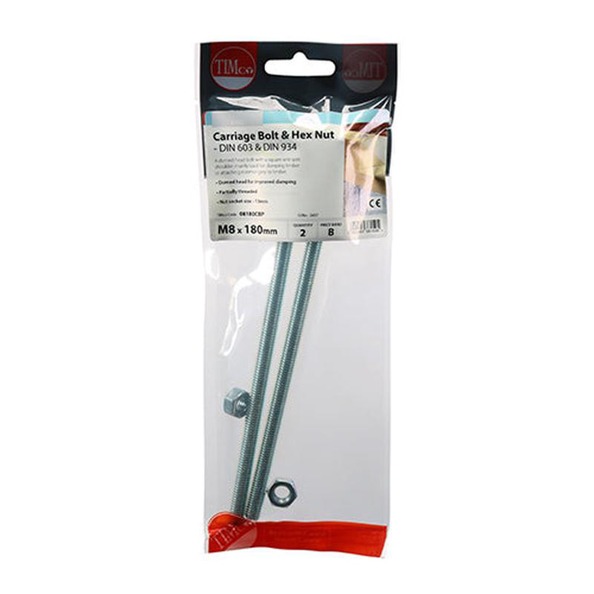 TIMCO Carriage Bolts DIN603 038 Hex Full Nut DIN934 Silver 8211 M8 x 180