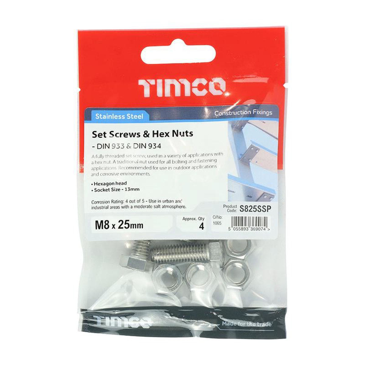 TIMCO Set Screws DIN933 Hex 038 Nut DIN934 Silver A2 Stainless Steel 8211 M8 x 25