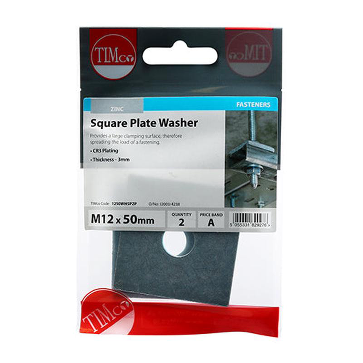 TIMCO Square Plate Washers Silver 8211 M12 x 50 x 50 x 3