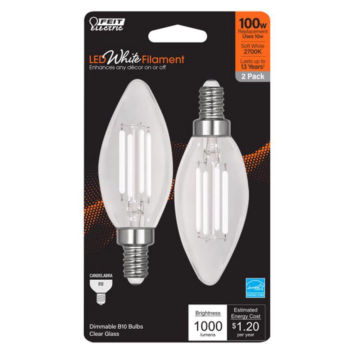 Feit Electric BPCTC100927WFL2 White Filament Candelabra Filament LED Bulbs 10 Watts 120 Volt