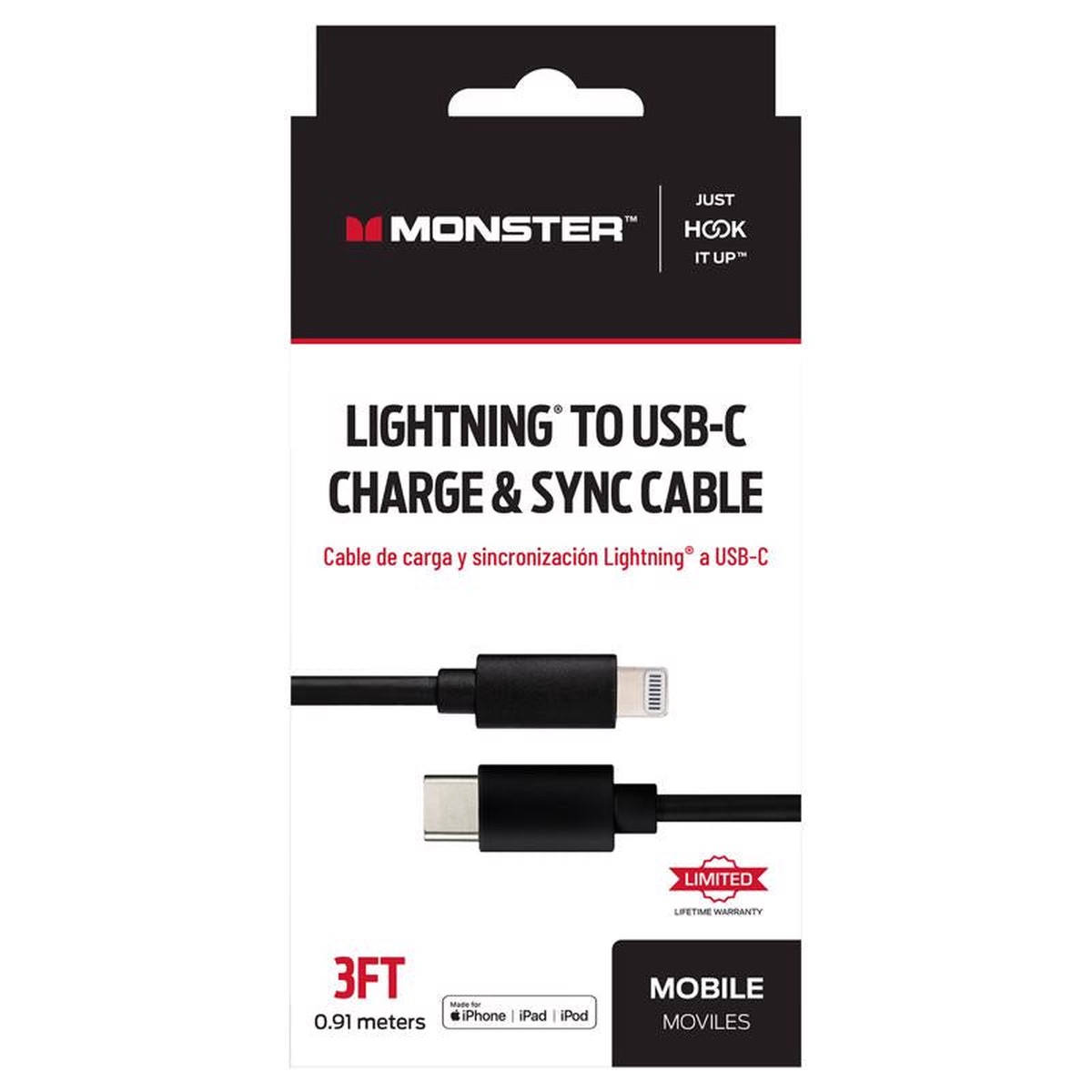 Monster Just Hook It Up Lightning to USB-C Charge and Sync Cable 3 ft Black