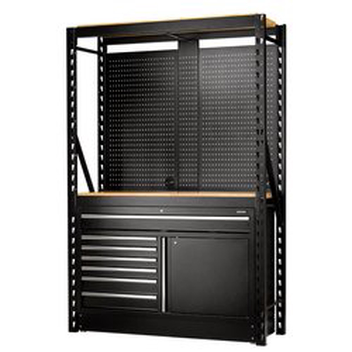 Draper 28005 bunker 14 piece modular storage combo 2 tier racking with hardwood shelving pegboards and floor cabinet 1500mm
