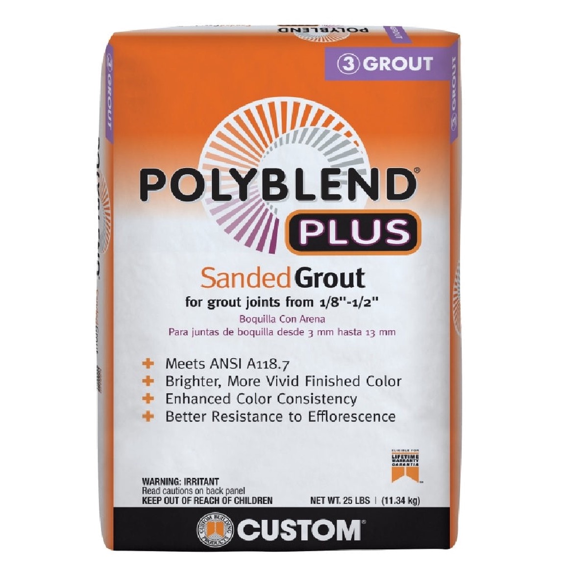 Custom Building Products PBPG38125 Polyblend Plus Sanded Grout Bright White 25 Lb