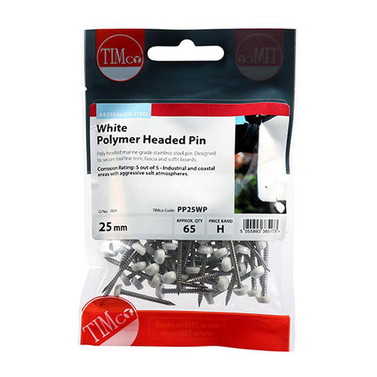 TIMCO Polymer Headed Pins A4 Stainless Steel White 8211 25mm
