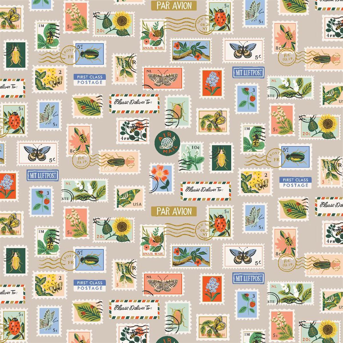 Botanical Postage Stamps in Khaki - Metallic Curio by Rifle Paper (14 yard)