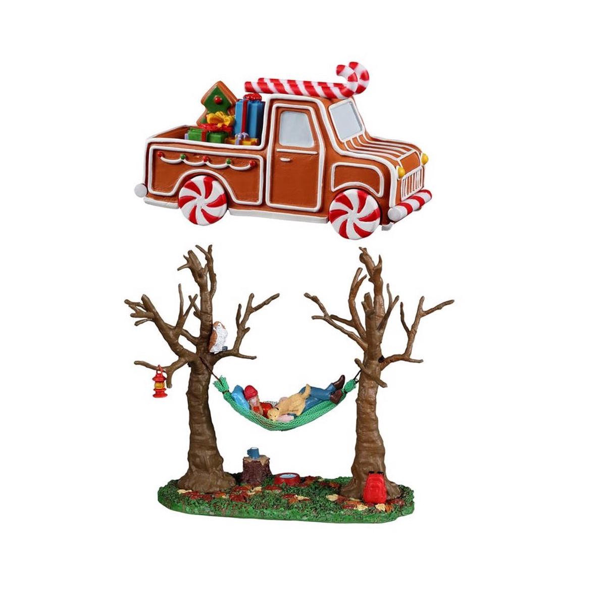 Lemax A3202 Camping Hammock Buddy and Gingerbread Truck Christmas Village Resin