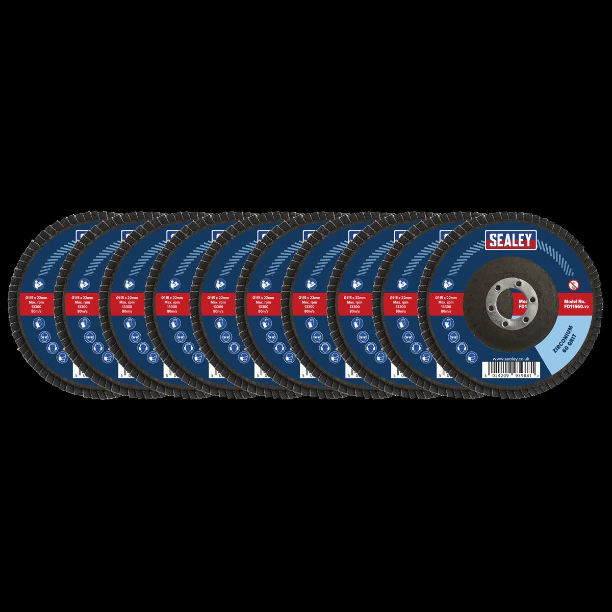 Sealey FD115MIX Assorted Grit Flap Discs Zirconium 115mm 22mm Bore - Pack of 10