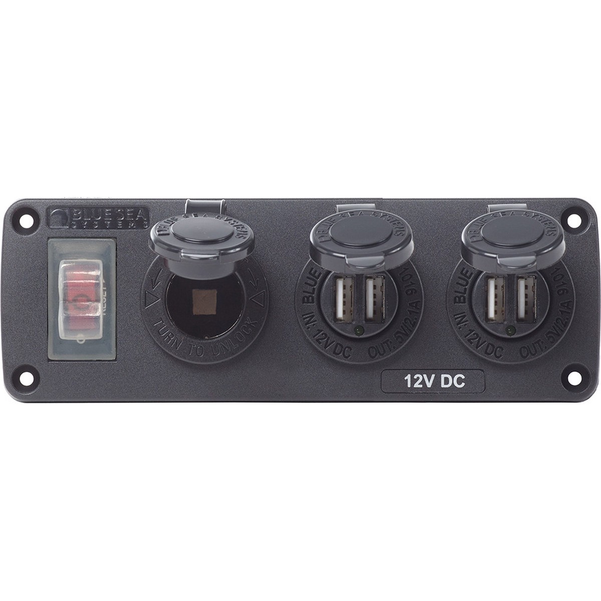 Blue Sea 4365 Water Resistant USB Accessory Panel - 15A Circuit Breaker 12V Socket 2x 21A Dual USB Chargers 4365