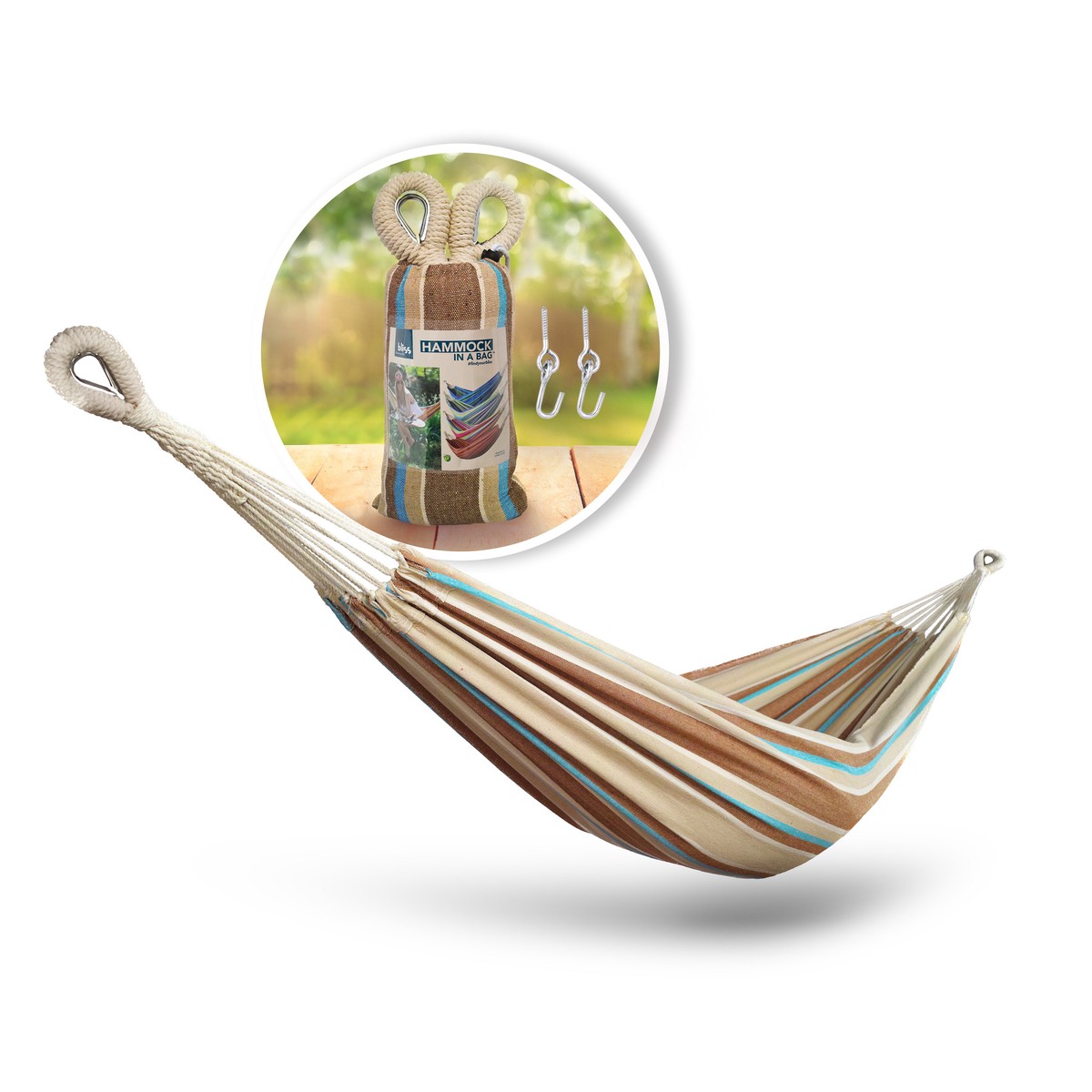 Bliss Hammocks BH-400-HA Hammock in a Bag W Rope loops Hanging Hardware 40-in Wide 220 Lb Capacity (Hampton Stripe)