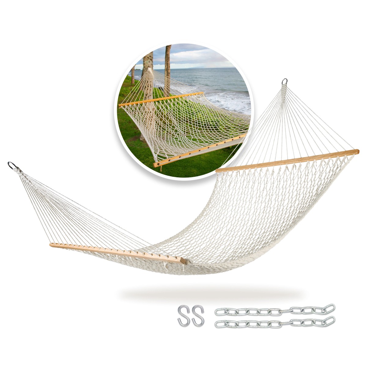 Bliss Hammocks BH-410 Cotton Rope Hammock w Spreader Bar Hanging Hardware 60-in Wide 450 Lb Capacity (Natural)