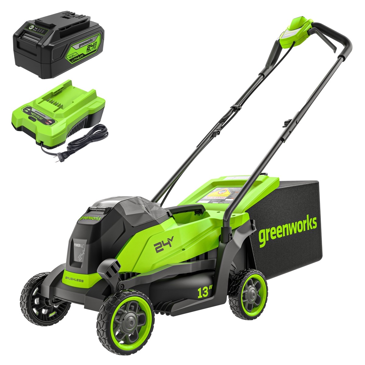 24V 13 Cordless Battery Brushless Push Lawn Mower w 40Ah Battery Charger
